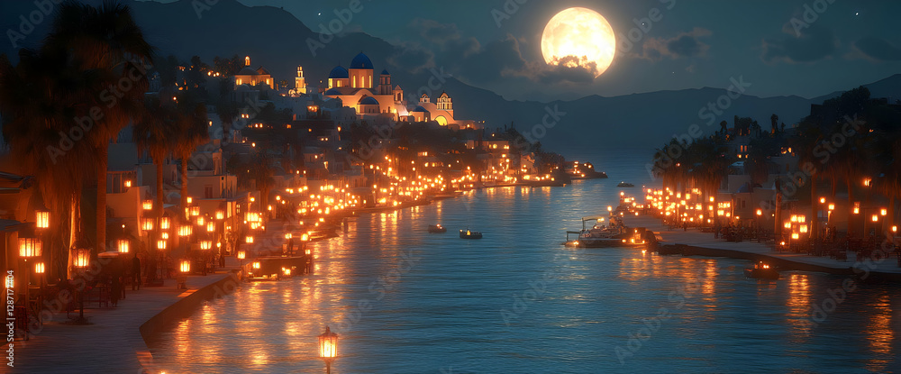 custom made wallpaper toronto digitalNighttime Village By The Sea With Warm Lights