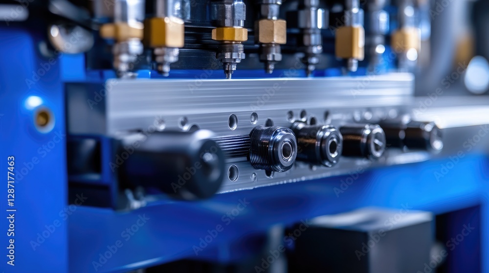 Close-up of hydraulic injection molding machine mechanisms and press components Close-up of hydraulic injection molding machine mechanisms and press components
