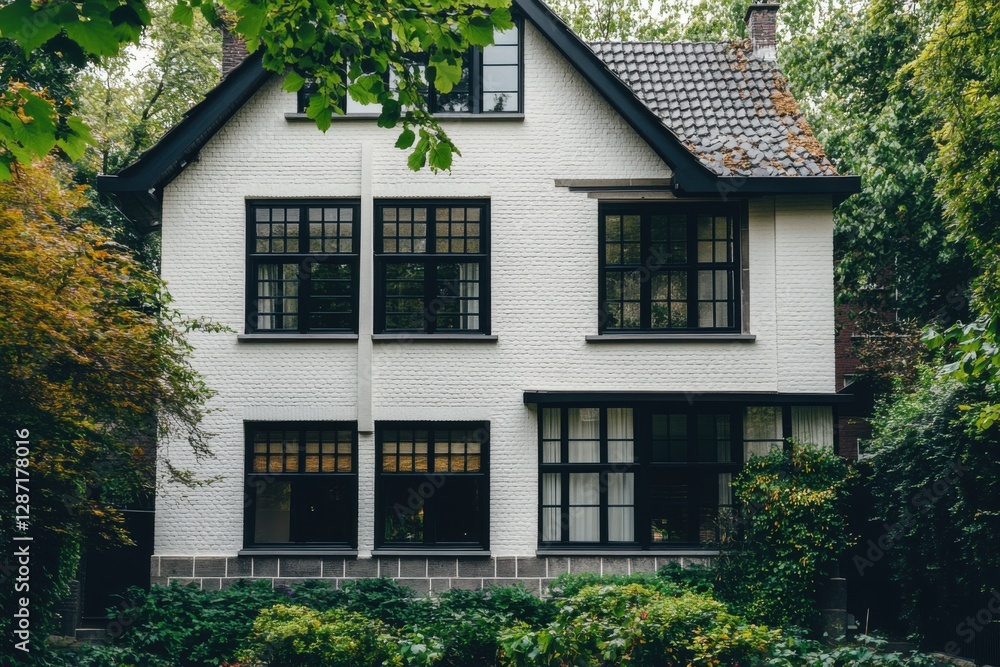 Charming white house nestled in a lush garden with large windows, showcasing nature’s beauty in a serene suburban setting Charming white house nestled in a lush garden with large windows, showcasing nature’s beauty in a serene suburban setting