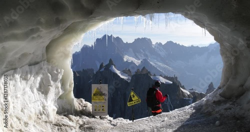 Mountaineers at Aiguille du Midi summit in the French Alps, France
