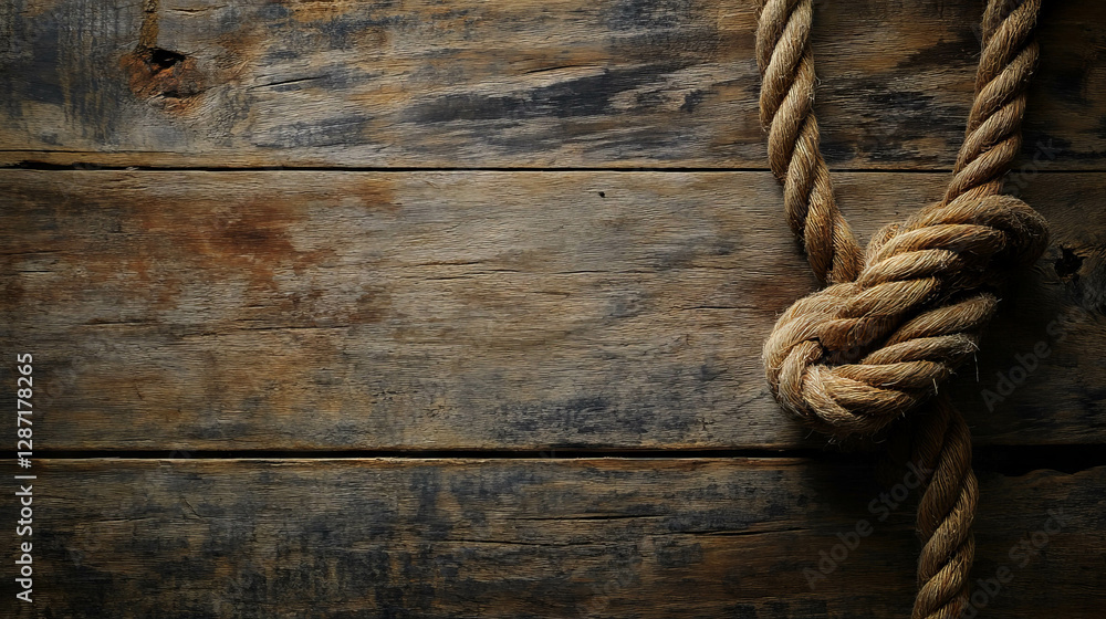 Obraz premium Rustic wooden texture with knotted silk cord and soft lighting for interior decor and design inspiration