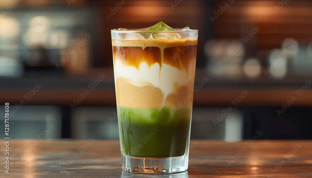 A visually appealing layered beverage in a glass, showcasing vibrant colors and textures. Perfect for coffee or tea lovers seeking a refreshing drink experience.