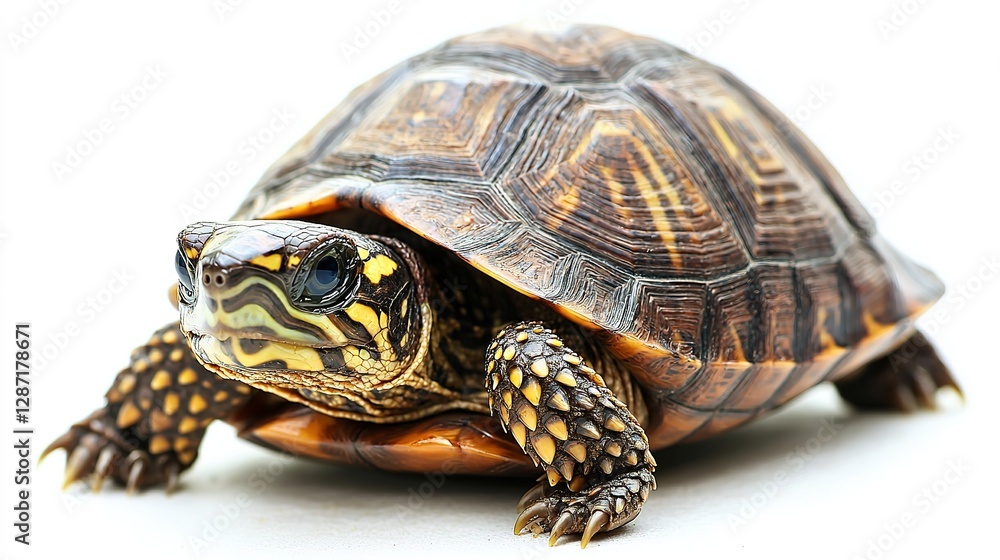 Small box turtle in isolated setting nature photography white background close-up view unique reptile features Small box turtle in isolated setting nature photography white background close-up view unique reptile features