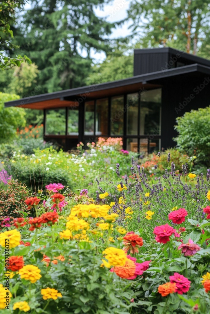 A stunning array of colorful flowers flourishes around a contemporary home, set against a backdrop of lush greenery on a sunny spring day A stunning array of colorful flowers flourishes around a contemporary home, set against a backdrop of lush greenery on a sunny spring day