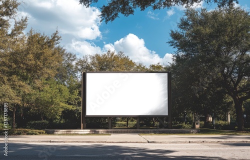 Blank billboard in park, sunny day, outdoor advertising