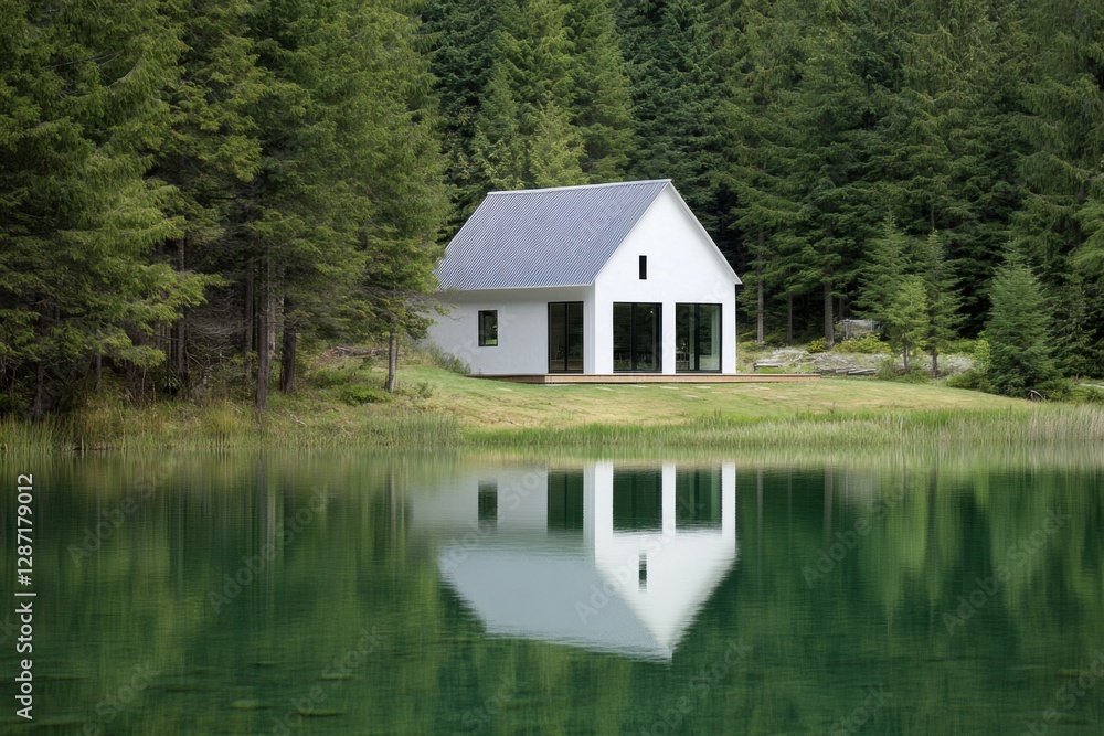 Modern white house reflecting in serene lake surrounded by lush green forest in a tranquil outdoor setting during daytime Modern white house reflecting in serene lake surrounded by lush green forest in a tranquil outdoor setting during daytime