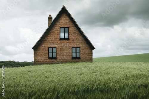 Wallpaper Mural A solitary brick house stands gracefully amid lush, tall green grass, all under a tranquil, cloudy sky in a serene open landscape on a calm afternoon Torontodigital.ca