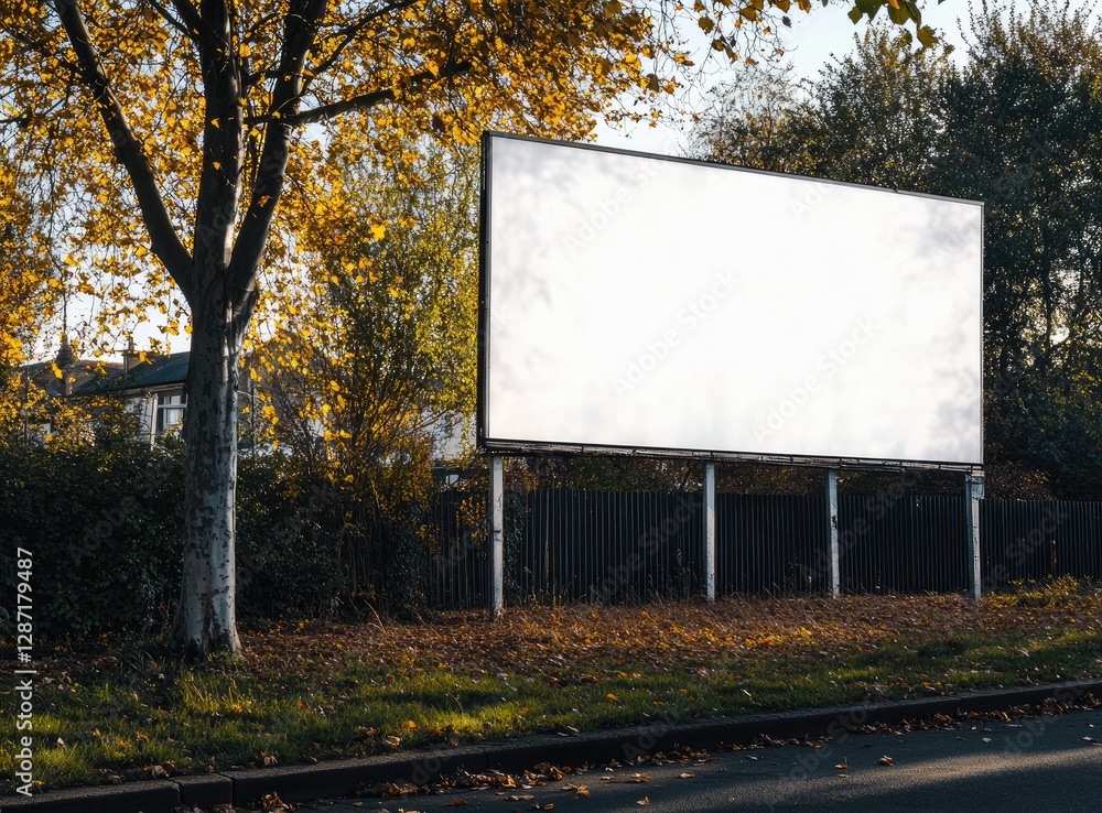 Empty billboard, autumnal roadside, blank advertising space, residential background Empty billboard, autumnal roadside, blank advertising space, residential background