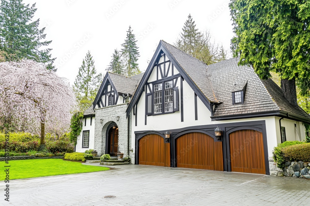 Beautiful Tudor-style house with charming landscaping and elegant garage doors surrounded by lush trees and blooming cherry blossoms in a serene neighborhood setting Beautiful Tudor-style house with charming landscaping and elegant garage doors surrounded by lush trees and blooming cherry blossoms in a serene neighborhood setting