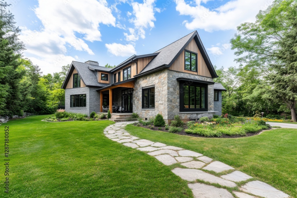Fototapeta premium Newly constructed stone and wood house with landscaped garden in a serene neighborhood on a sunny day surrounded by trees