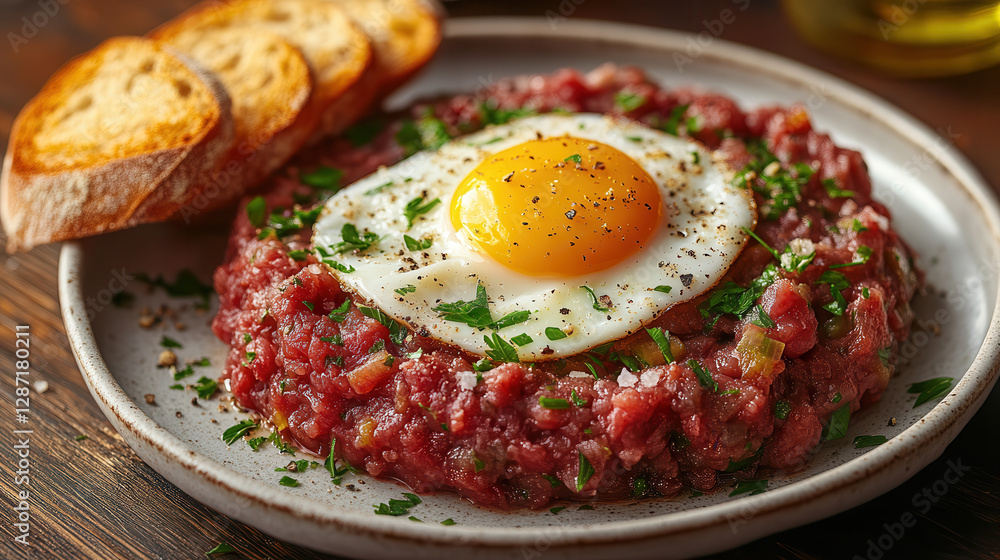 Closeup of Steak Tartare with Fried Egg and Toasted Bread Closeup of Steak Tartare with Fried Egg and Toasted Bread
