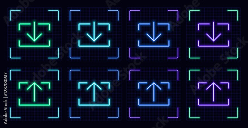 Download and upload symbol set, cyber neon visual, glowing border grid vector.	