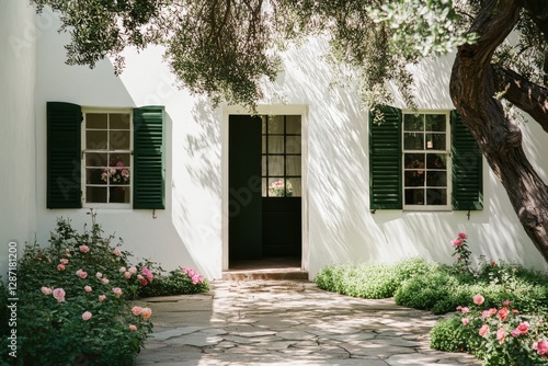 Charming entrance to a peaceful home adorned with blooming flowers and lush greenery  nestled under the shade of a tree during a sunny afternoon
