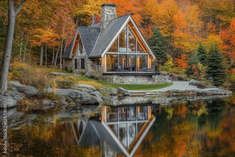 Nestled by the lake, this charming cabin is enveloped by the vivid hues of autumn leaves, which beautifully reflect on the serene waters during the enchanting golden hour Nestled by the lake, this charming cabin is enveloped by the vivid hues of autumn leaves, which beautifully reflect on the serene waters during the enchanting golden hour