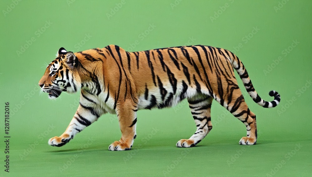 Obraz premium Majestic Tiger Walking Gracefully on Green Background Display