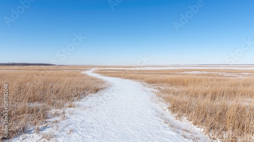 Snowy path through winter prairie, clear sky
