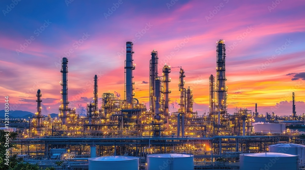 Large industrial oil refinery with towering distillation columns and storage tanks Large industrial oil refinery with towering distillation columns and storage tanks