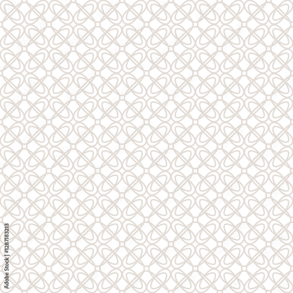 Fototapeta premium Subtle floral grid ornament. Abstract vector geometric seamless pattern with mesh, lattice, flower silhouettes, curved lines, repeat tiles. Simple beige and white background texture. Vintage design