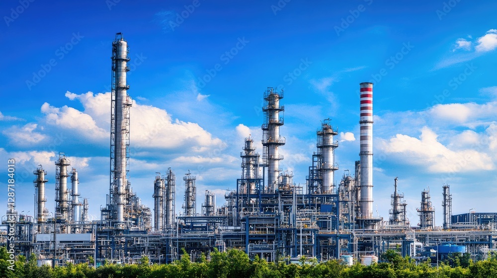 Obraz premium Modern petrochemical refinery under a blue sky with a vast pipeline network