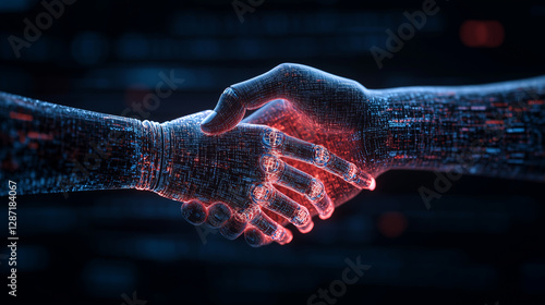 Hands merging in a digital handshake representing collaboration and technology in a futuristic landscape