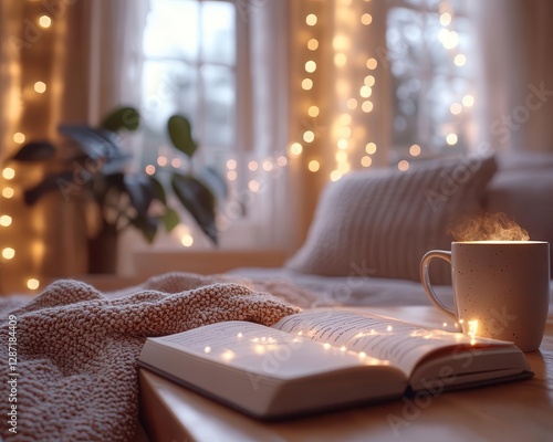 Making New Year s resolutions with glowing AR goal-setting tools, cozy indoor setting, soft warm lighting, photorealistic