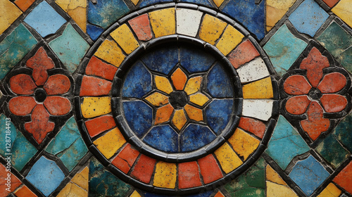 Wallpaper Mural Colorful Mosaic Tile Pattern with Geometric and Floral Motifs  Description Of Media  Close up view of a colorful mosaic tile pattern featuring geometric shapes and floral motifs. The central design Torontodigital.ca