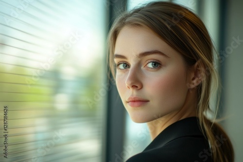 Wallpaper Mural Young woman with natural beauty gazing thoughtfully out of a window, showcasing subtle emotions and a professional appearance against an elegant backdrop Torontodigital.ca