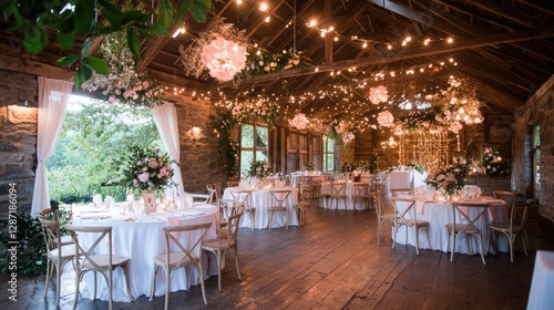 Rustic barn wedding reception, elegant decor, warm lighting, window views