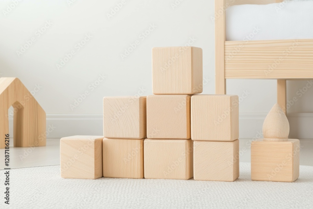 Obraz premium Minimalist wooden toy blocks in a bright nursery setting, showcasing playful design and neutral colors perfect for early childhood development