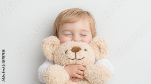 Baby embracing teddy bear, peaceful scene, studio shot, for use in child product ads