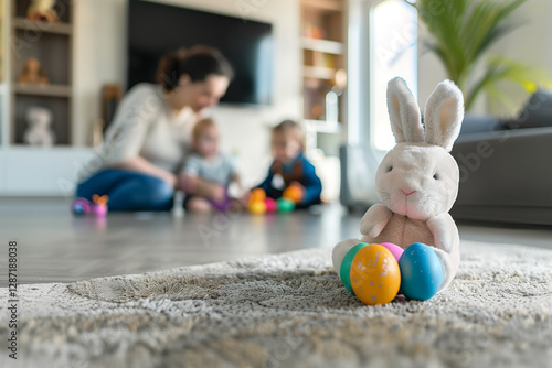 Easter Bunny Hidden in Living Room as a Bunny Joins a Traditional Family Holiday Game with Bright Colors and Joyful Celebration photo