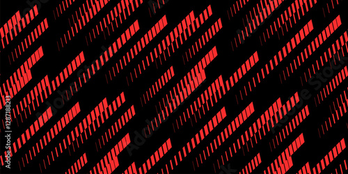 Trendy vector geometric seamless pattern with diagonal fading lines, tracks, halftone stripes, movement effect. Extreme sport style texture, urban art. Neon red and black background. Sporty geo design