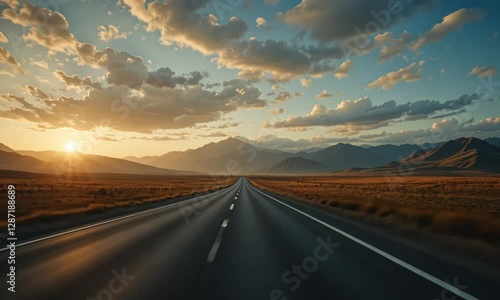 Scenic open road at sunset with dramatic sky, endless highway through desert landscape, peaceful travel destination with mountains and clouds. 