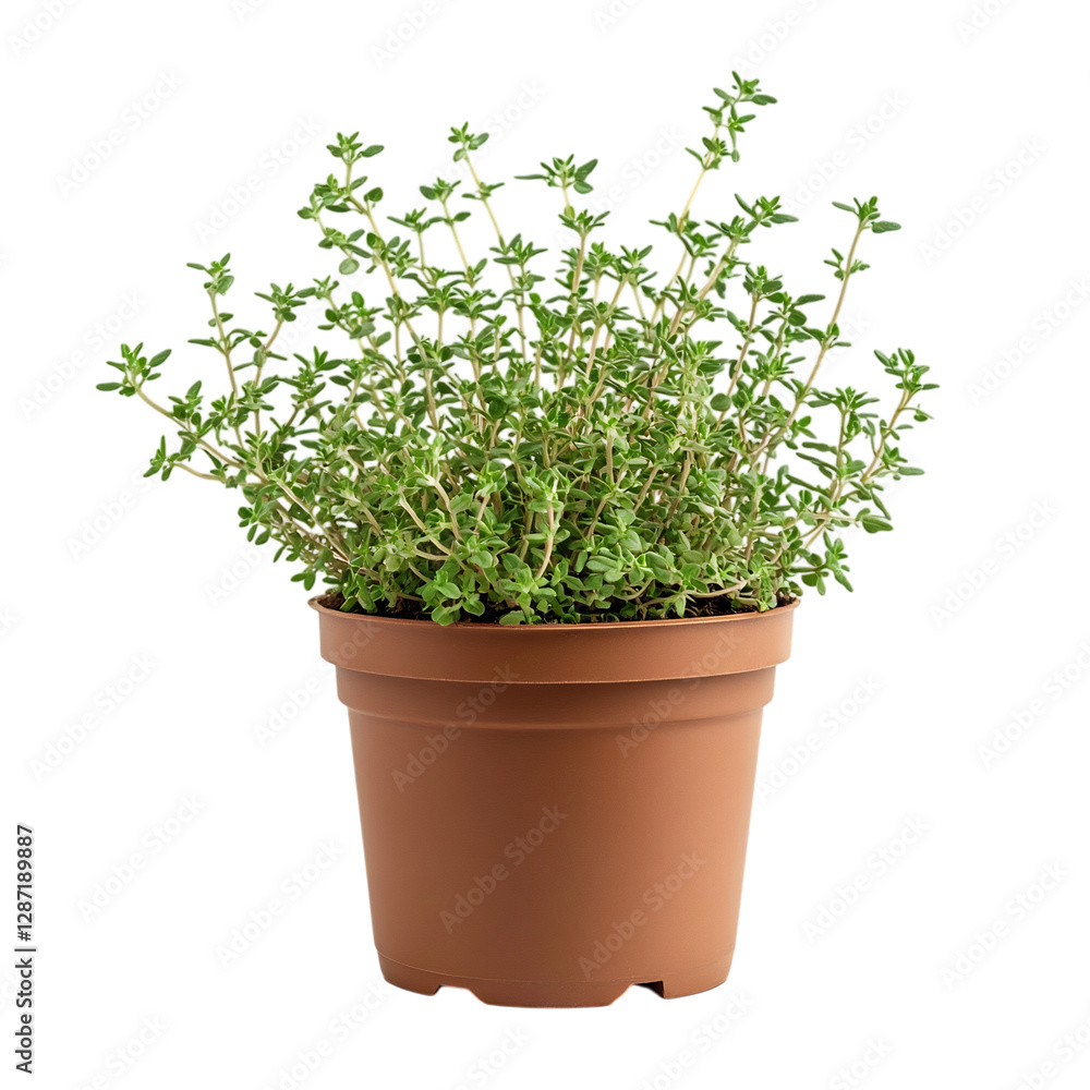 A Small Potted Thyme Plant with Aromatic Green Leaves Isolated on Transparent Background A Small Potted Thyme Plant with Aromatic Green Leaves Isolated on Transparent Background