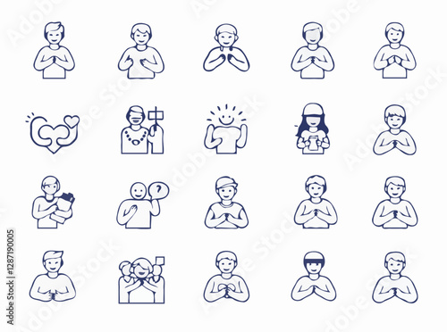 Collection of 15 volunteer outline icons. Volunteering symbols for nonprofit, support, and giving back