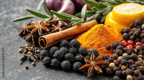 Fototapeta Naklejka Na Ścianę i Meble -  Exquisite display of rare spices and herbs gourmet kitchen food photography elegant setting close-up culinary art