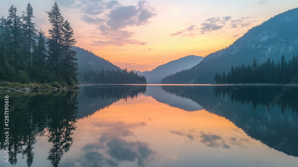 Fototapeta premium Serene Lake Landscape at Sunrise/Sunset with Mountain Reflections
