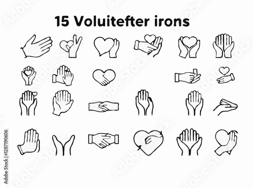 15 thin line icons for volunteering set. Volunteer outline symbols for helping hands, donation, and philanthropy