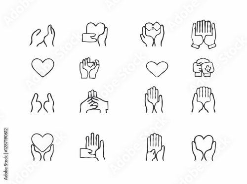 15 thin line icons for volunteering set. Volunteer outline symbols for helping hands, donation, and philanthropy