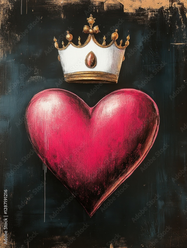 Fototapeta premium Crowned red heart symbol on dark backdrop 
