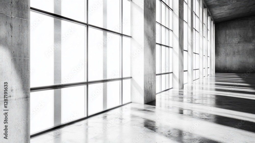 Obraz premium Sunlit modern concrete building interior, spacious hallway, sunlight streams through large windows, architectural design