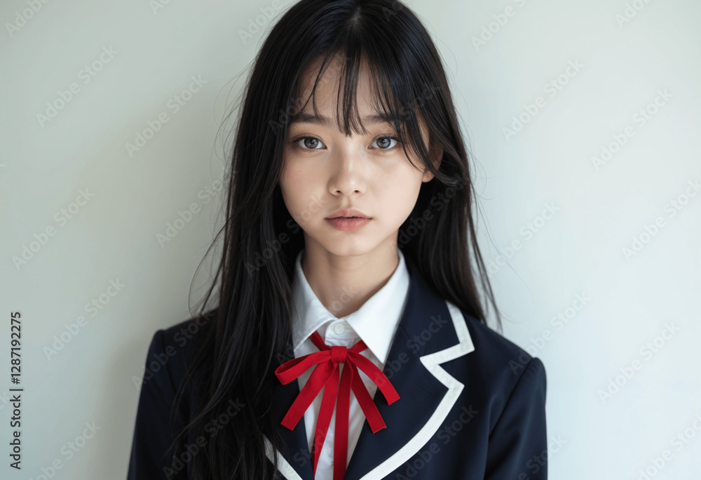 Pretty Asian Girl School Uniform Portrait, Red Bow, Straight Hair Pretty Asian Girl School Uniform Portrait, Red Bow, Straight Hair