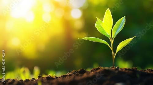 Fresh seedling emerging from soil under sunrays. Perfect for growth, sustainability, nature, or eco startup themes.