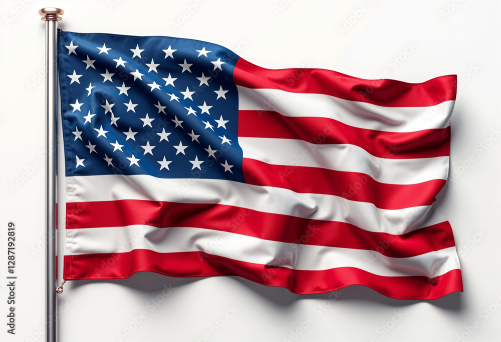 Fototapeta premium American Flag, Stars, Stripes, Patriotism, National Symbol, Freedom, White Background, Waving, Fabri