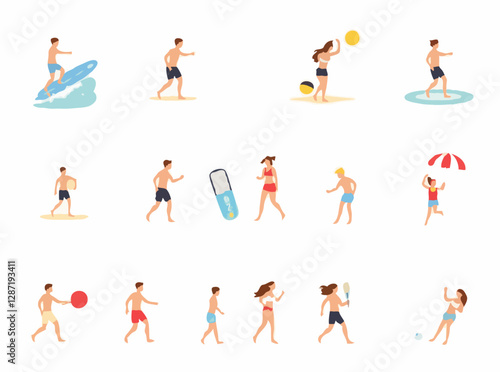 15 beach sports icons for an active day at the beach. Surfing, paddleboarding, beach tennis, frisbee, and more outdoor activities.