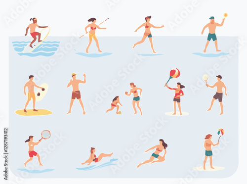 15 beach sports icons for an active day at the beach. Surfing, paddleboarding, beach tennis, frisbee, and more outdoor activities.