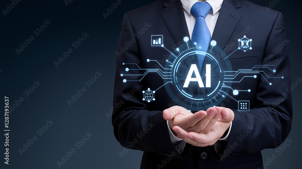 Fototapeta premium Professional man presenting futuristic AI technology concept visually