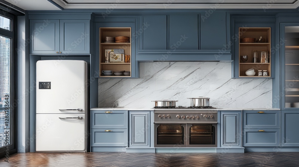 Fototapeta premium Blue kitchen with white marble and dark wood flooring