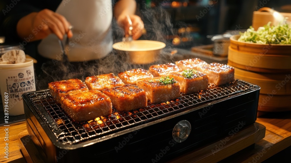 Sizzling Grilled Meat on a Small Black Grill at a Food Stall,Char Siu Pork Sizzling Grilled Meat on a Small Black Grill at a Food Stall,Char Siu Pork