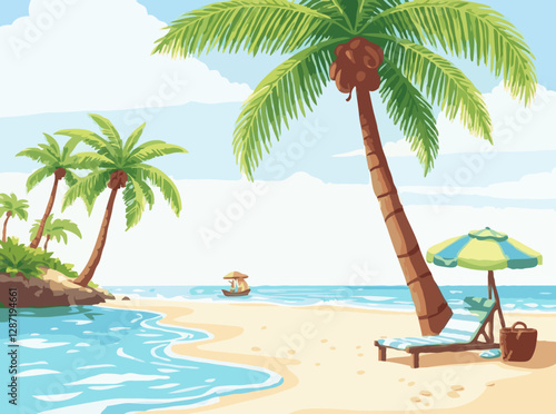 Tropical beach landscape with 15 summer icons. Sunny day at the beach scene with palm trees, sun loungers, and beach accessories